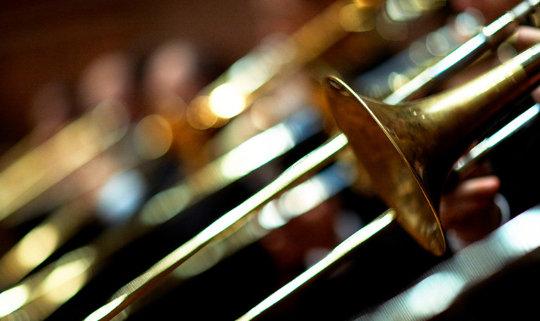 Close up of a trombone.