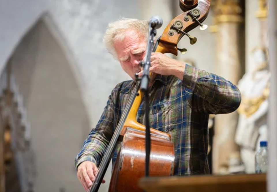 Man som spelar kontrabas. Fotografi.