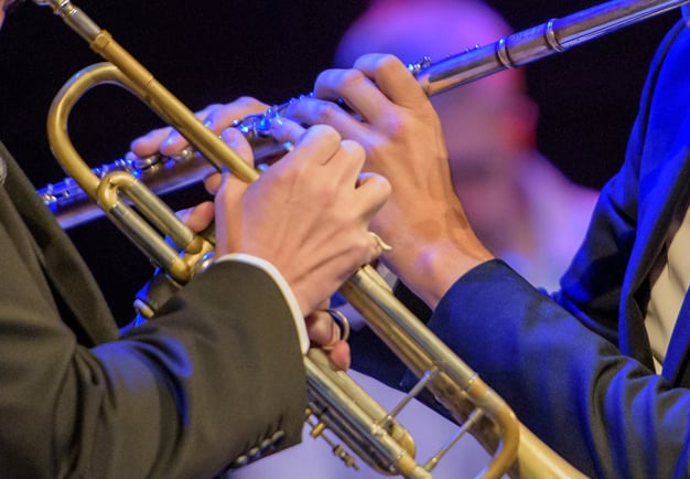 Hands holding a trumpet and a clarinet. Photo.